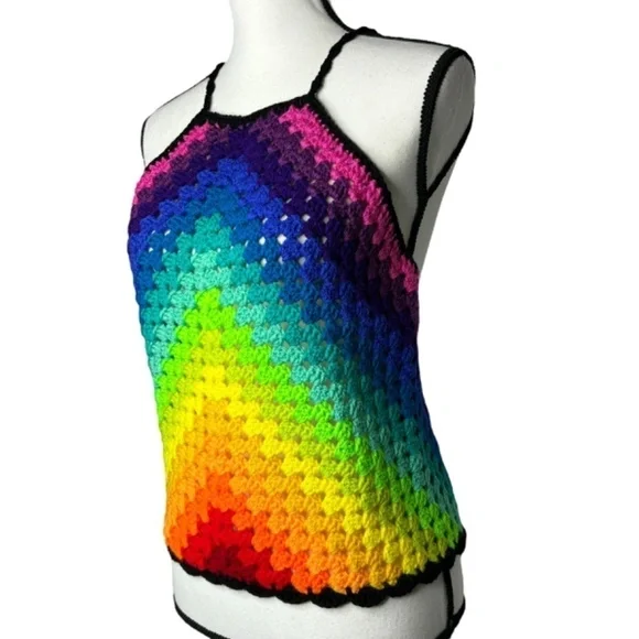 Handcrafted Crochet Halter Top Rainbow Granny Acrylic Yarn Art Handmade Knit - Picture 5 of 16